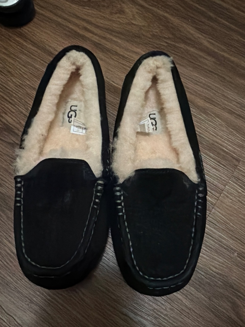 UGG Black Suede Shearling Moccasin Slippers with Cream Lining